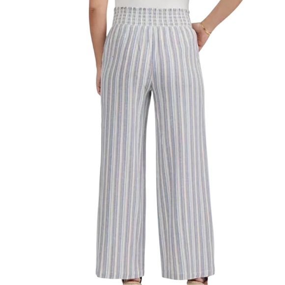 NWOT Ellen Tracy Women's Linen Smocked Wide Leg Pant Blue and Tan Stripe‎ Size S - Picture 7 of 7